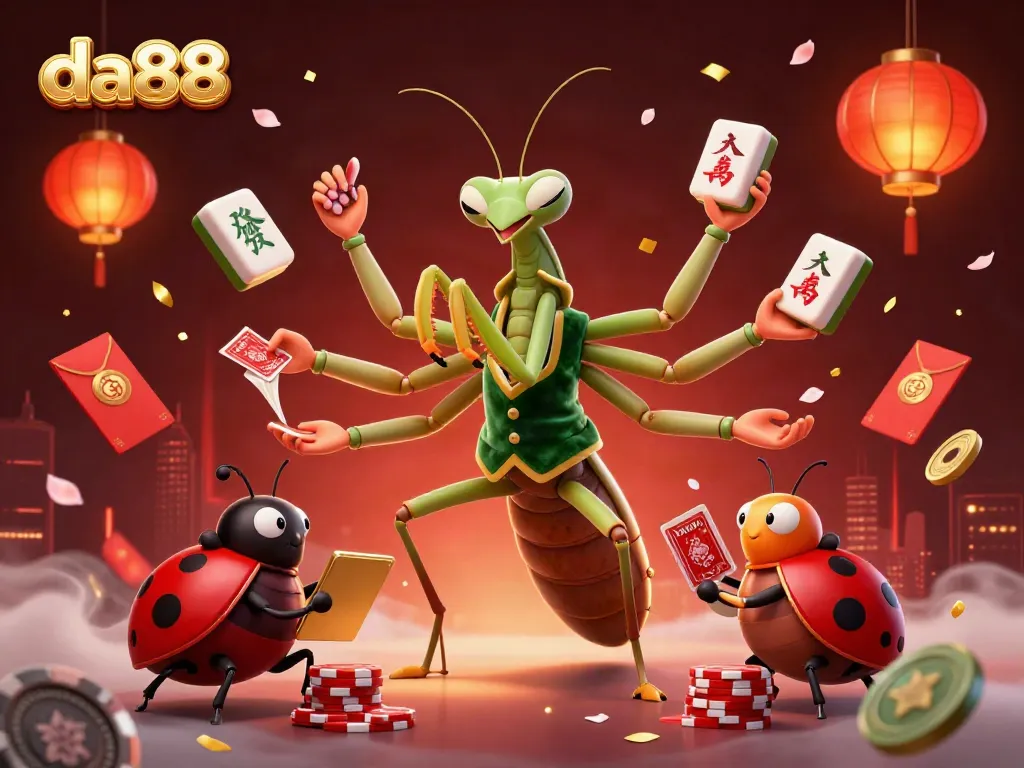 Join the da88 fun with a giant mantis card sharp and ladybug pit boss in a vibrant casino scene.