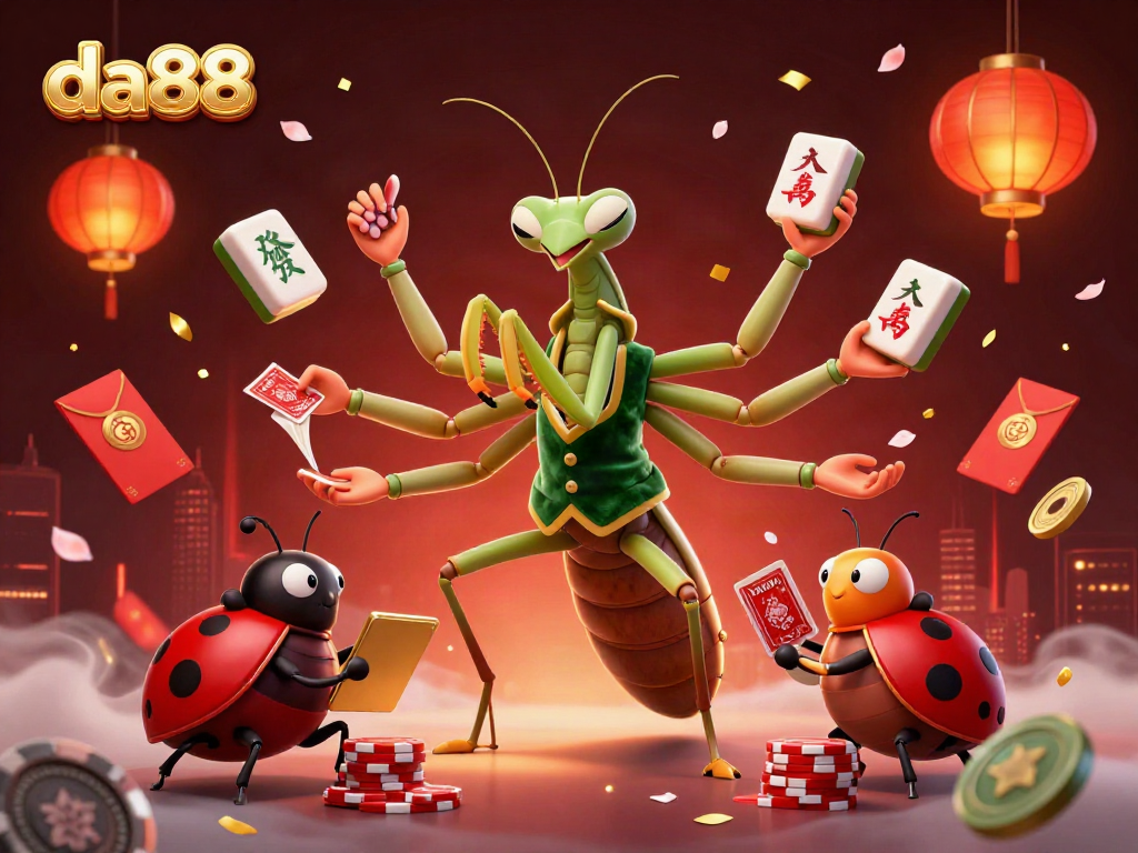 Join the da88 fun with a giant mantis card sharp and ladybug pit boss in a vibrant casino scene.