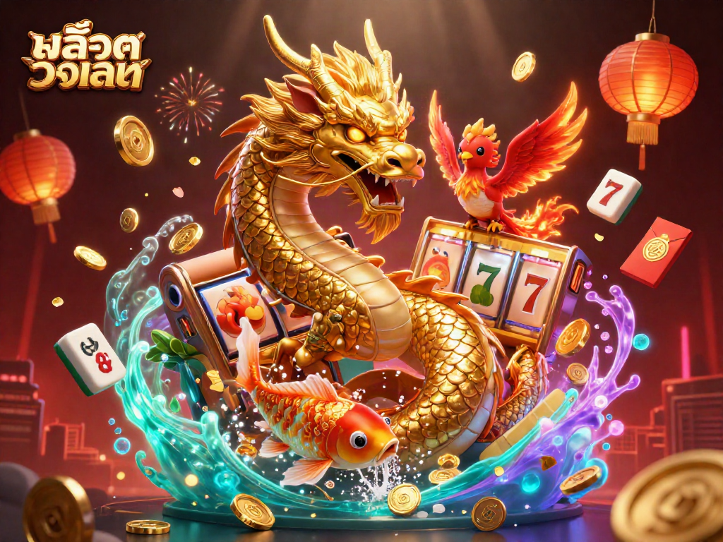 Play สล็อตวอเลท with a vibrant 3D scene featuring a dragon, phoenix, and koi fish.