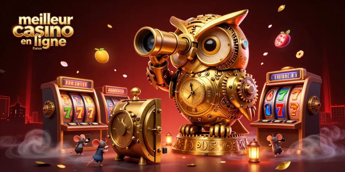 Illustration captivante du meilleur casino en ligne France avec un hibou doré et des machines à sous.