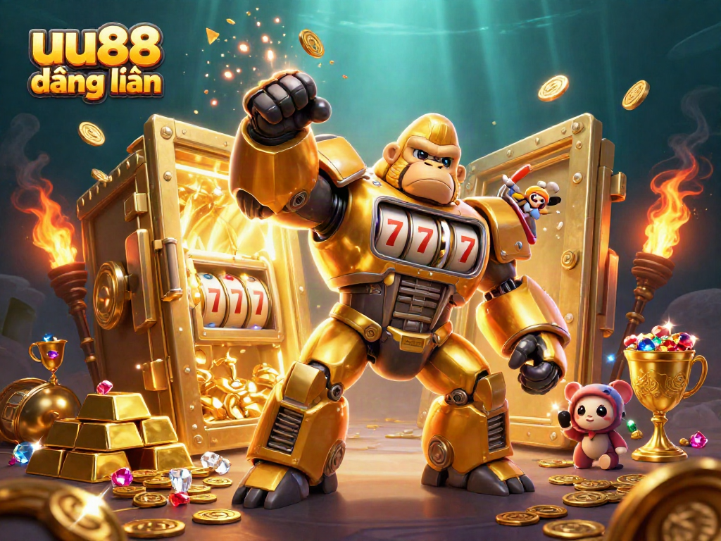 Engage in immersive slots action with uu88 đăng nhập featuring a dynamic scene of a golden gorilla mech amidst treasures.