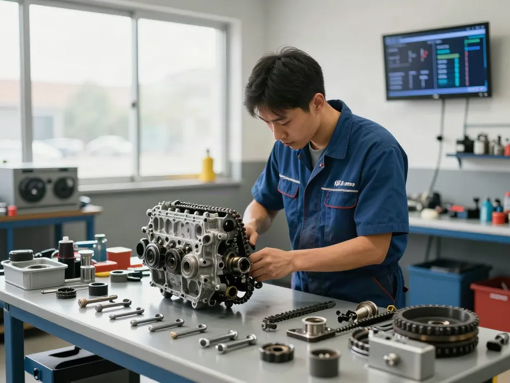 Mechaniker bei der Arbeit am BMW Steuerkette wechseln in einer professionellen Werkstatt mit modernen Werkzeugen.