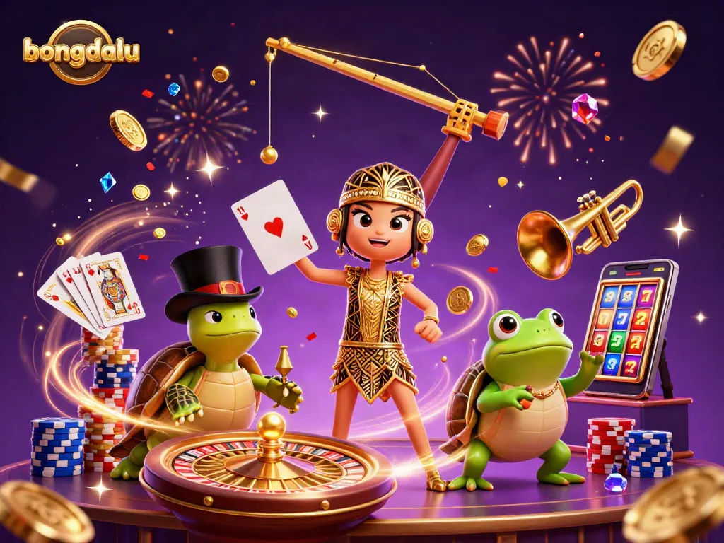 Bongdalu gems and golden coins cascade around a whimsical gambling scene with characters engaging in gaming.
