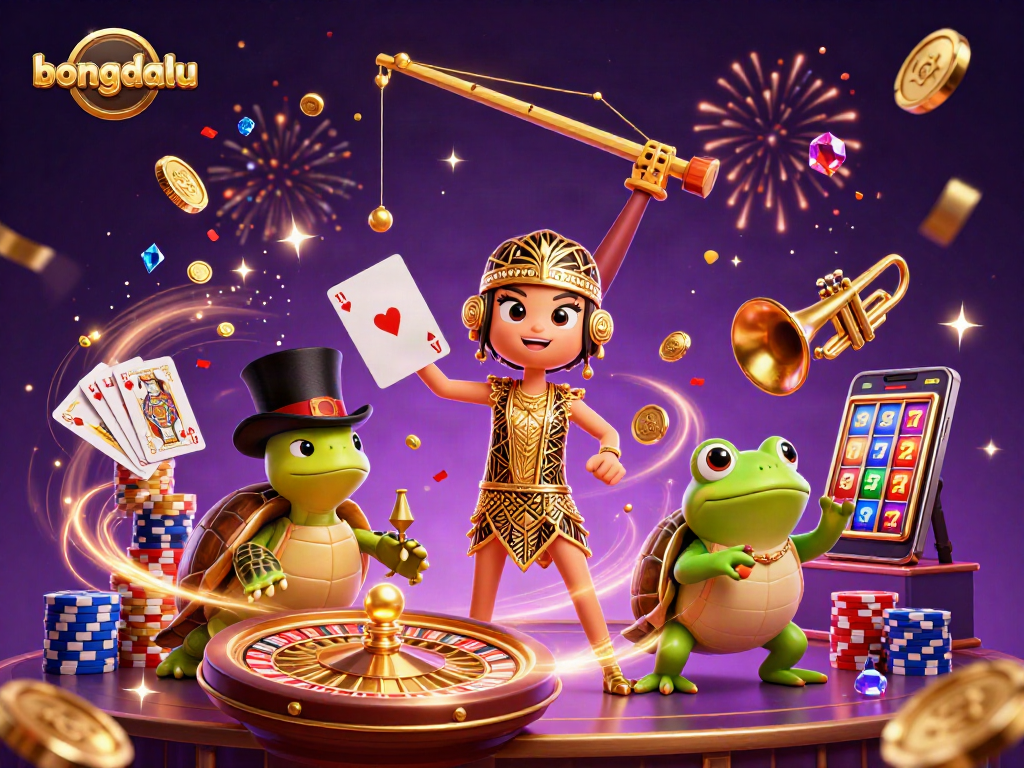 Bongdalu gems and golden coins cascade around a whimsical gambling scene with characters engaging in gaming.