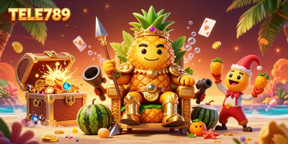 Engaging scene depicting TELE789's vibrant beach casino where the golden pineapple king reigns among treasures and lively characters.