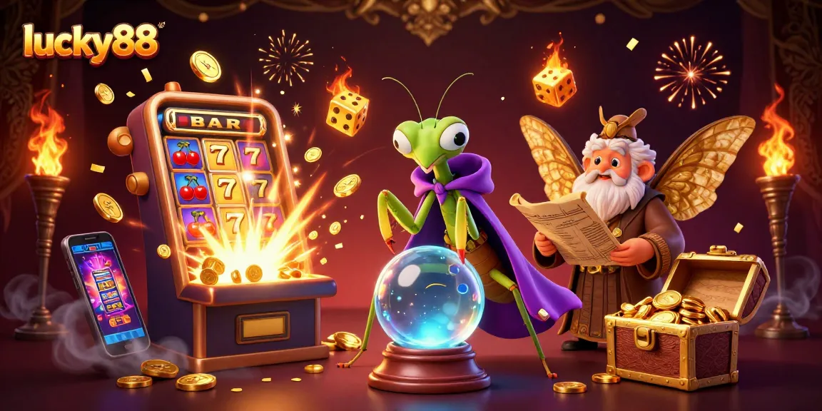 Engage with lucky88’s vibrant casino scene featuring a mystical fortune teller and golden treasures.