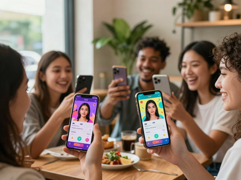 Test attractiveness using AI-powered facial ratings among friends in a lively café setting.