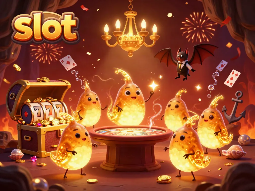 Brightly lit casino scene featuring glowworms with a bat dealer, emphasizing slot machines.