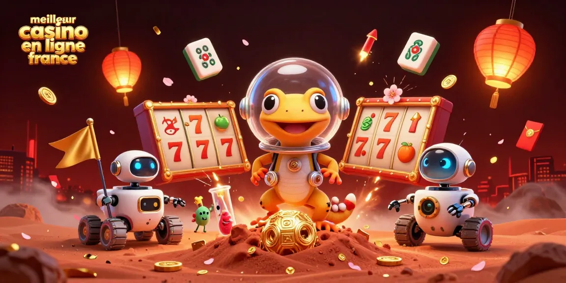Illustration captivante mettant en avant le meilleur casino en ligne France avec des éléments de jeux de machines à sous et un gecko martien.