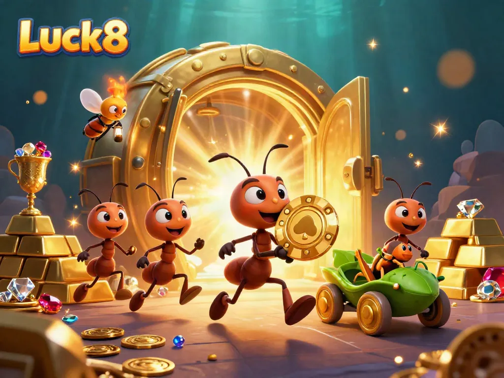 Experience Luck8's thrilling heist scene with ants and gold, mixed with vibrant casino elements.