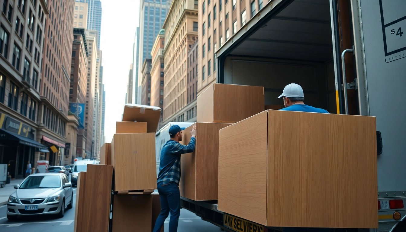 Residential movers nyc efficiently loading furniture into a truck under NYC skyline.