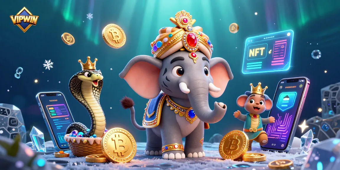 Experience thrilling gaming at VIPWIN with a dynamic illustration of a maharaja tiger, elephant, and cobra surrounded by crypto coins.