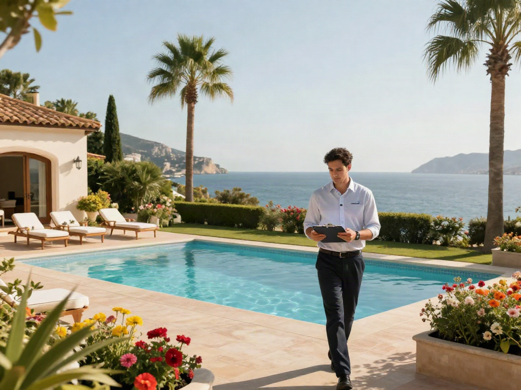 Home watch Spain service manager inspecting a villa with a pool on the Costa Blanca.