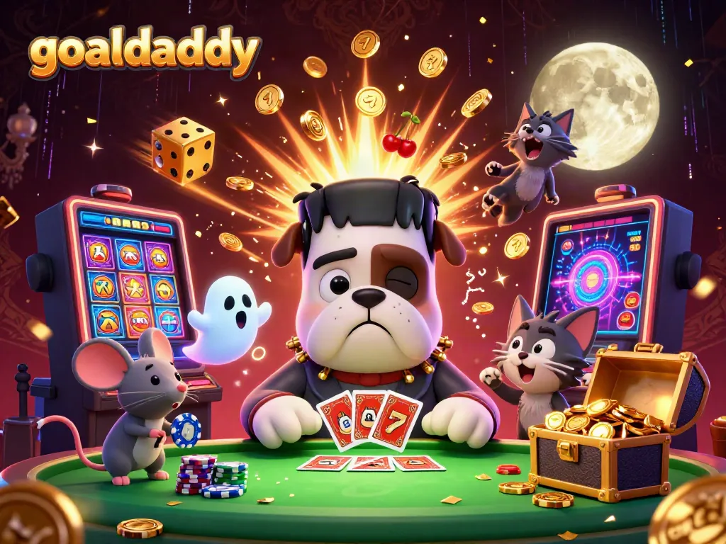 Experience goaldaddy's thrilling card play with 3D characters in a vibrant casino setting.