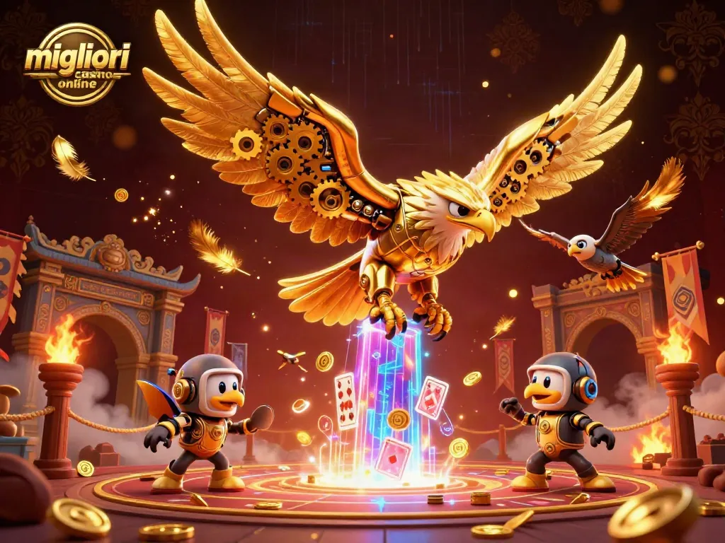 Migliori casino online: un'aquila dorata futuristica che interagisce con carte olografiche in un ambiente vivace.