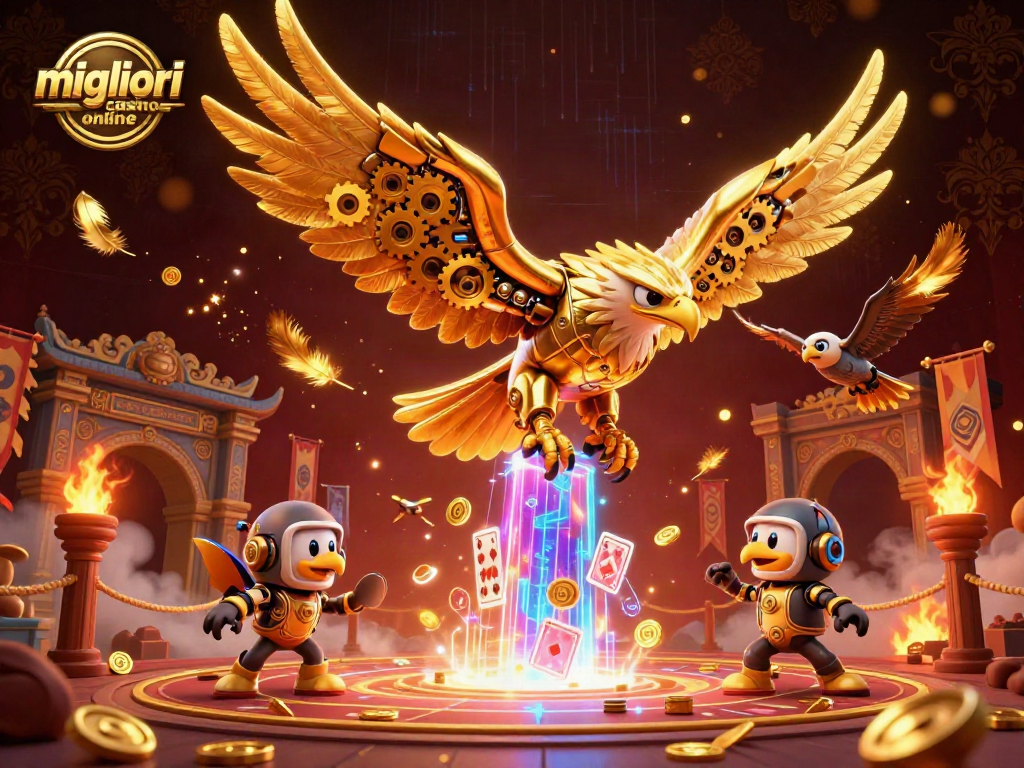 Migliori casino online: un'aquila dorata futuristica che interagisce con carte olografiche in un ambiente vivace.