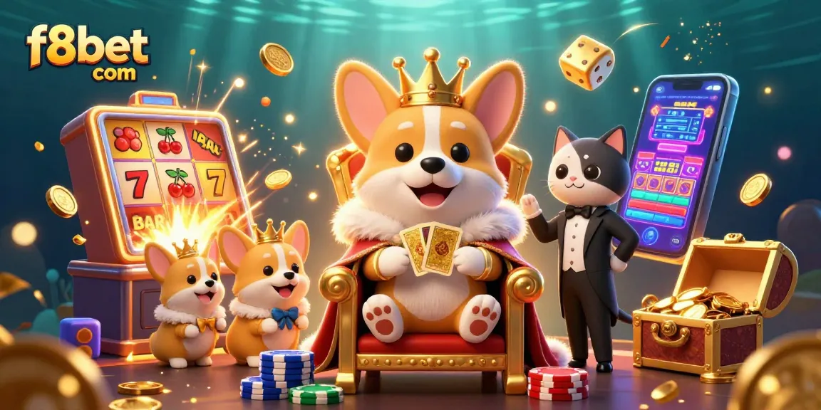 Engage with f8bet com while enjoying the vibrant 3D digital casino scene with a royal corgi.