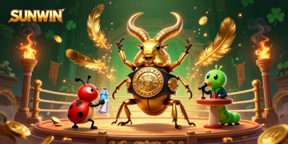 SUNWIN brings excitement with a giant stag beetle boxing champion surrounded by vibrant gaming elements and energy.