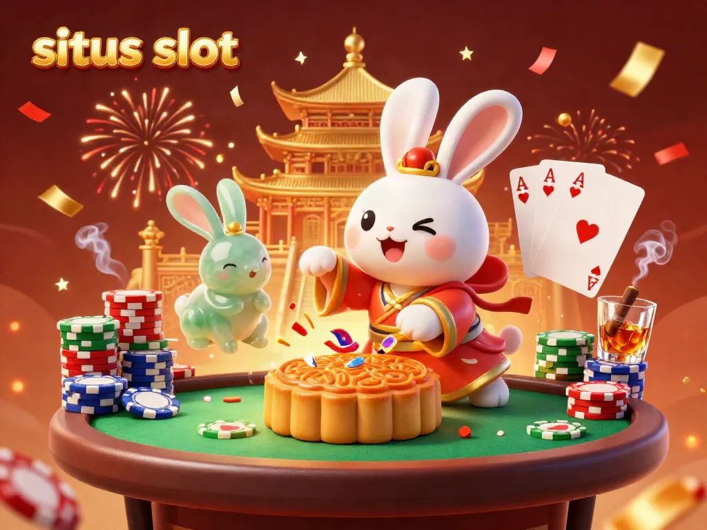 Engage in winning slots action at situs slot with a vibrant lunar-themed illustration featuring playful characters and poker elements.