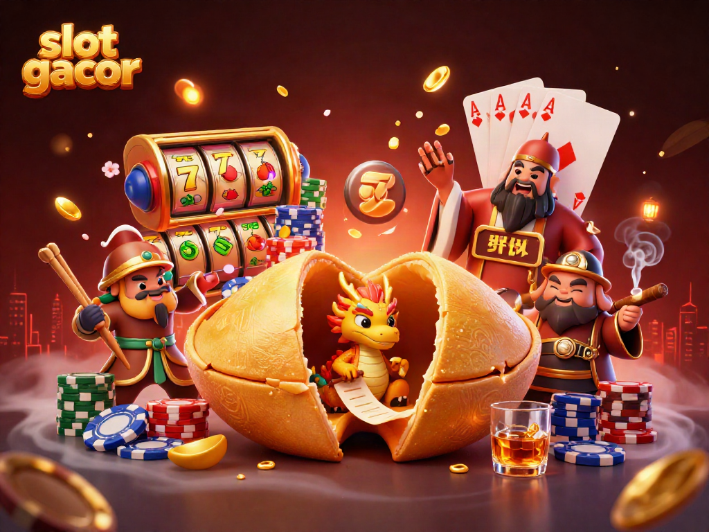 Slot gacor dengan karakter unik, simbol keberuntungan dan suasana perjudian yang kaya detail.