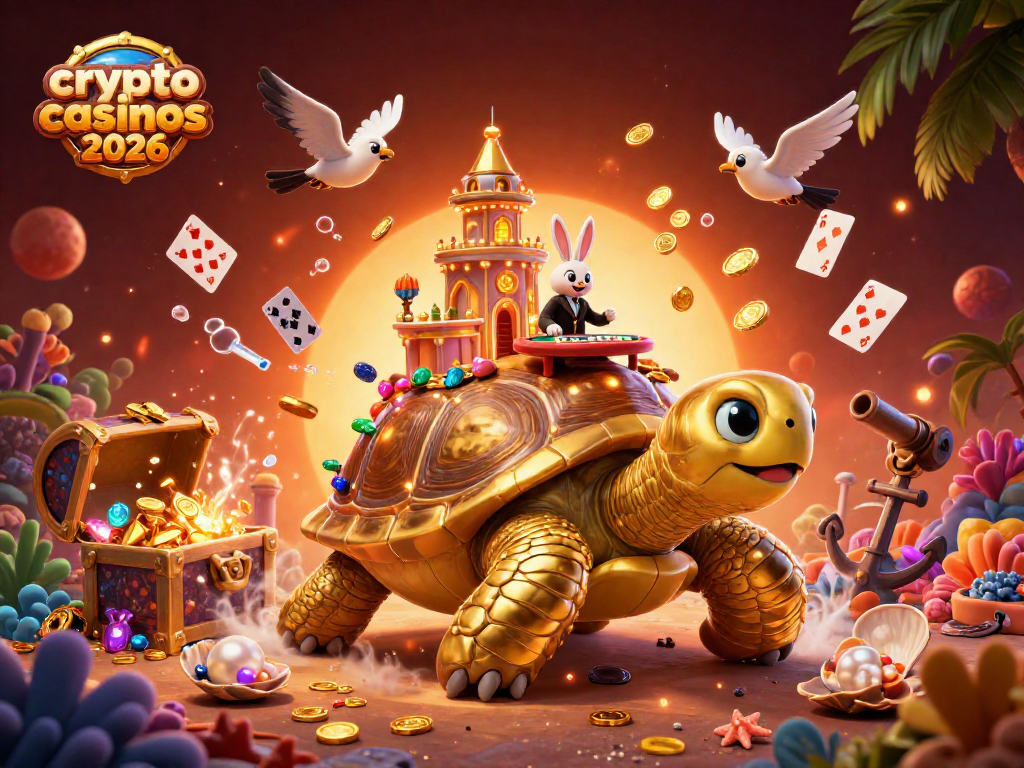 Les meilleurs crypto casinos 2026, profitant des gains avec une tortue d'or immense et un croupier élégant.