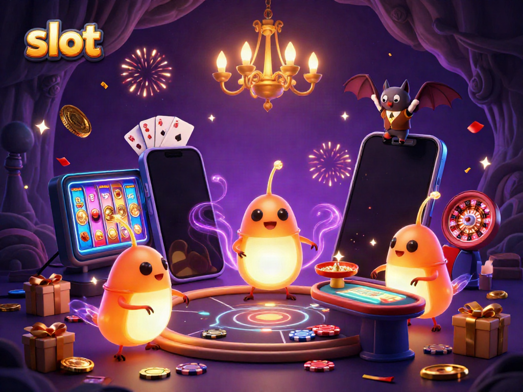 Celebrate slot wins with vibrant glowworms lighting a cave casino in this colorful illustration.