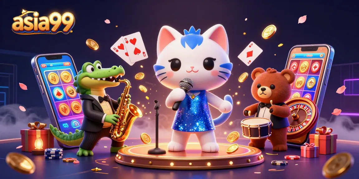 Experience the thrills of asia99 with a jazzy cat, croc, and bear bringing casino excitement to life.
