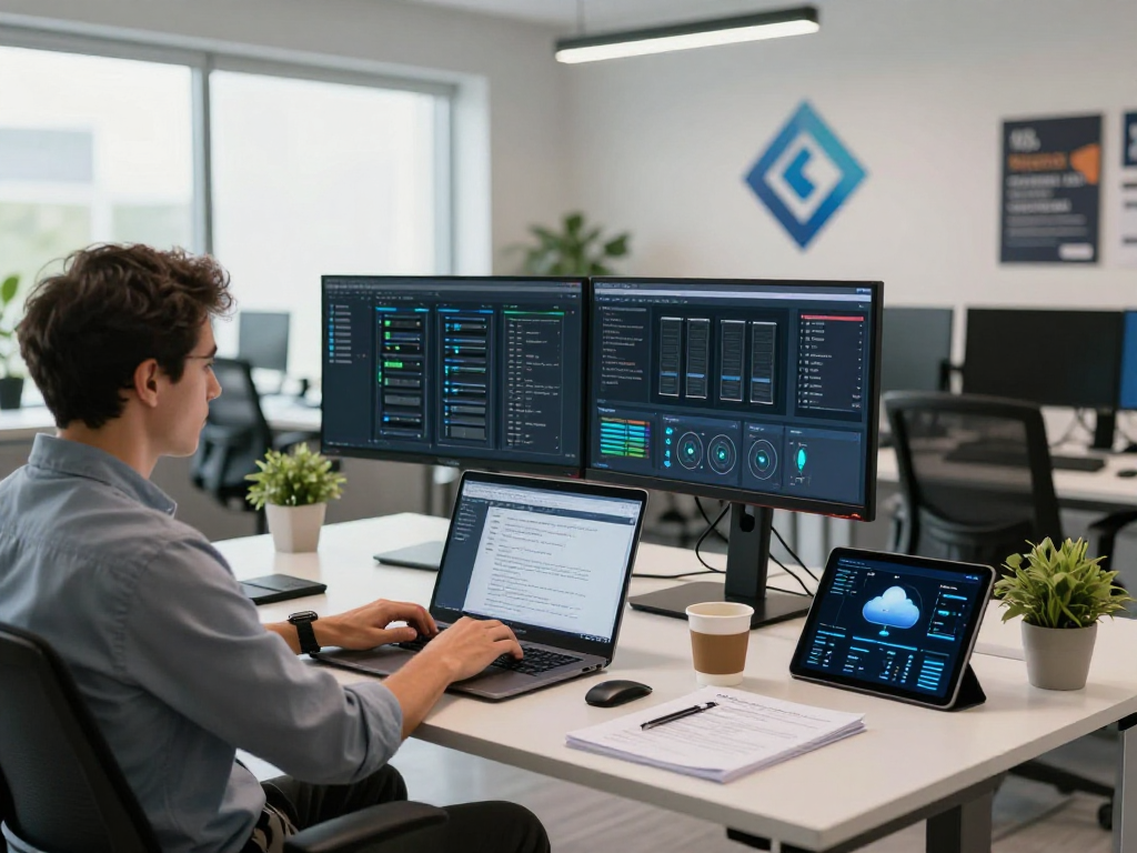 Dynamic workspace showcasing VPS Hosting en México features with tech professional using advanced tools