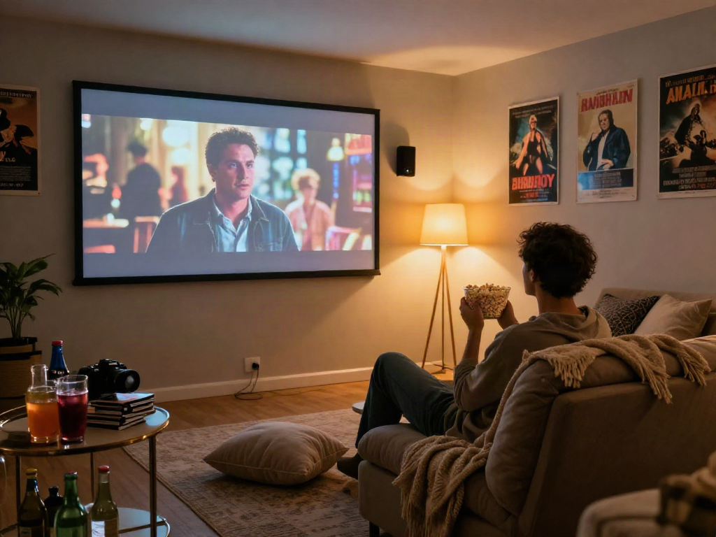 Home theater scene with Moviebox streaming a film, cozy ambiance, popcorn and vintage posters.