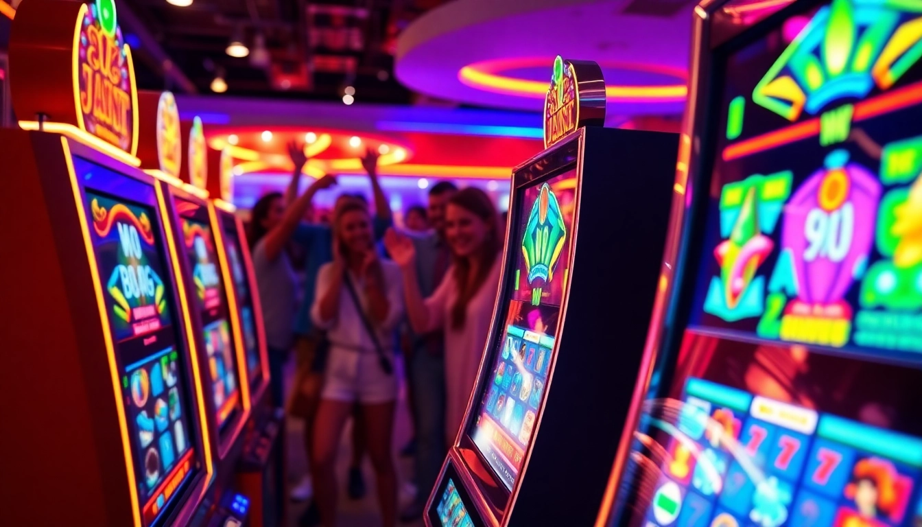 Captivating slot gambling scene showcasing colorful machines and players enjoying the experience.