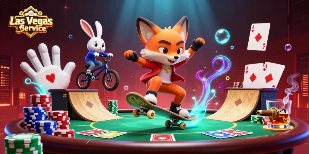 Experience Las Vegas Bottle Service with a vibrant 3D scene of a skateboarder fox and BMX rabbit in a casino.