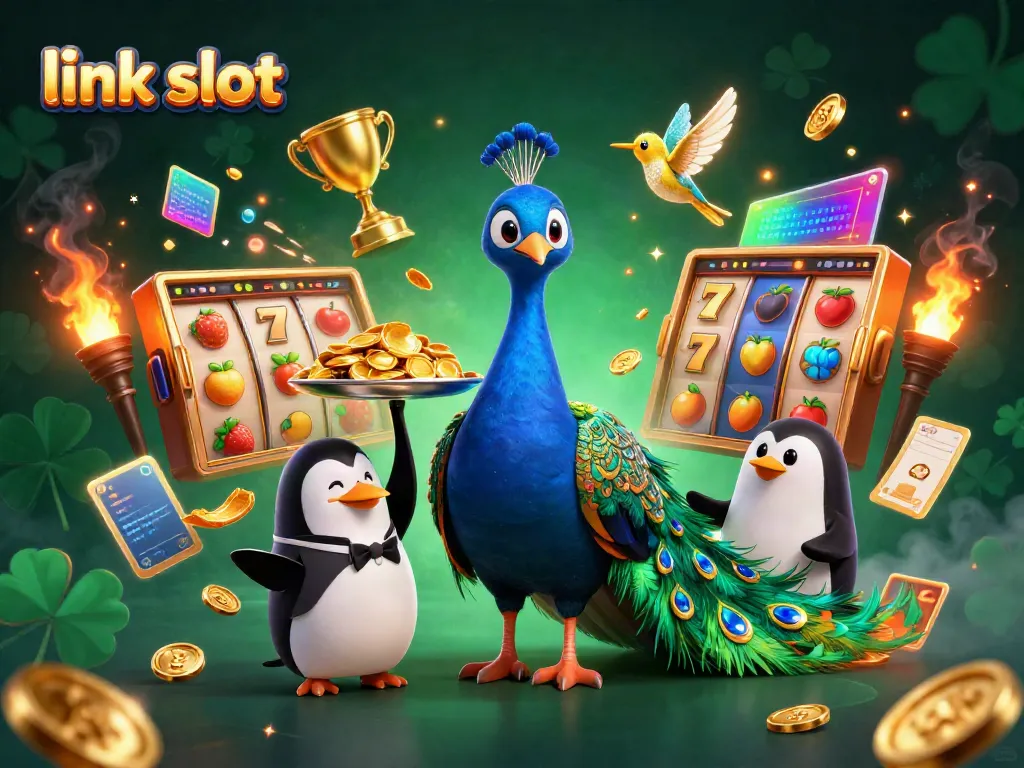 Taruhan slot langsung dengan link slot, menampilkan karakter kartun dan elemen kasino yang memukau.