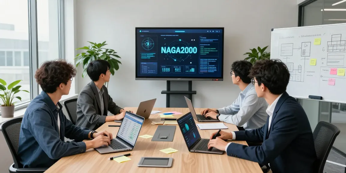 Team collaborating on NAGA2000 dashboard in a modern office