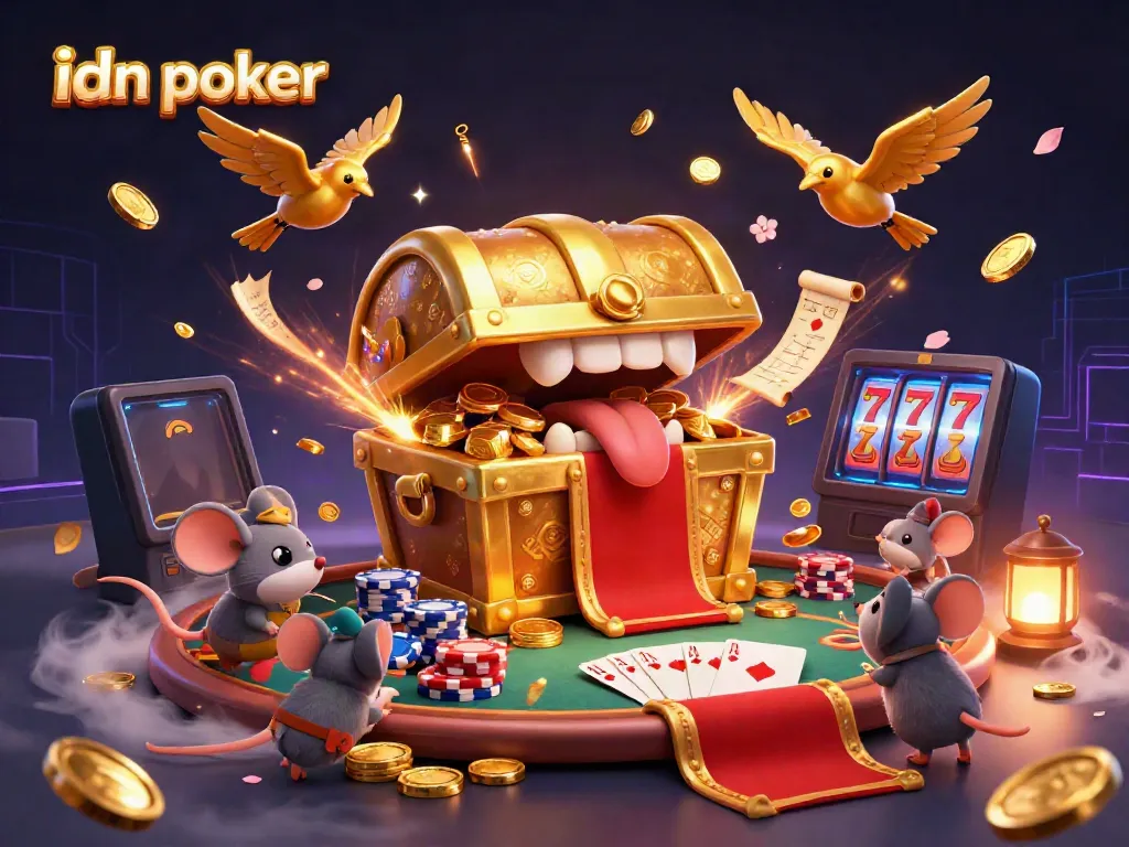 Engage with idn poker at an exciting dynamic casino scene depicting treasure chests, cards, and rich game elements.