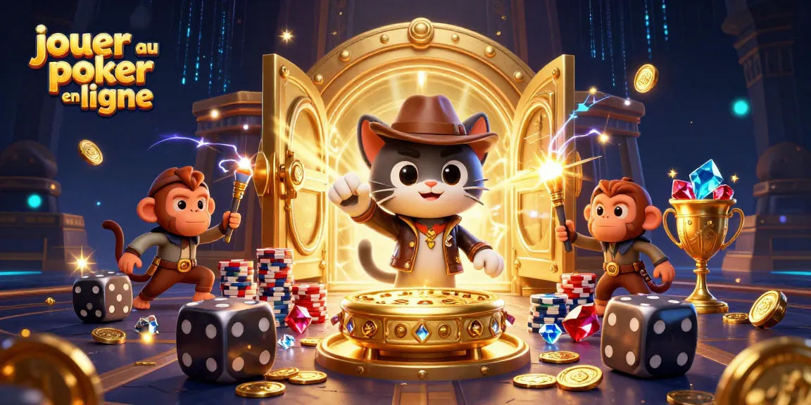 Jouer au poker en ligne avec des personnages animés découvrant des trésors sur un tapis de jeu.
