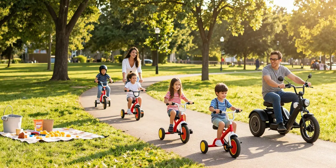 Families riding tricycles in a sunny park enjoying outdoor activities.