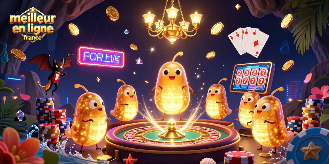 Visitez le meilleur casino en ligne France avec une illustration de casino animé par des lucioles colorées.