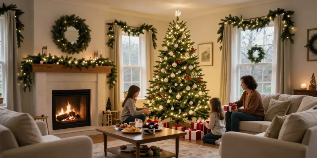 Decorated pre lit pencil slim Christmas tree in a cozy living room.