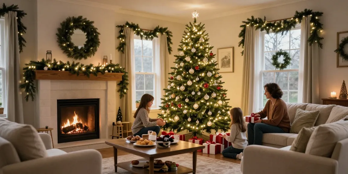 Decorated pre lit pencil slim Christmas tree in a cozy living room.