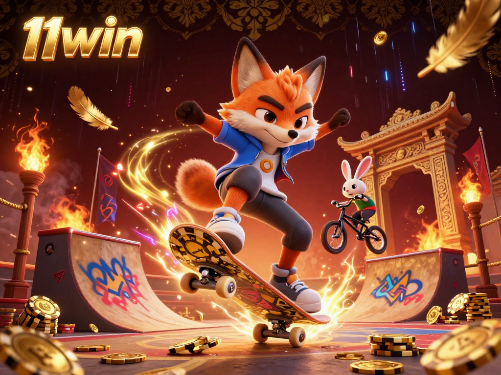 Skateboarder fox and BMX rabbit showcasing thrilling casino-themed tricks at 11win.