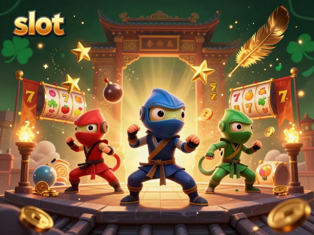 Tim ninja chameleon melakukan pose bela diri sambil dikelilingi slot dan simbol keberuntungan.