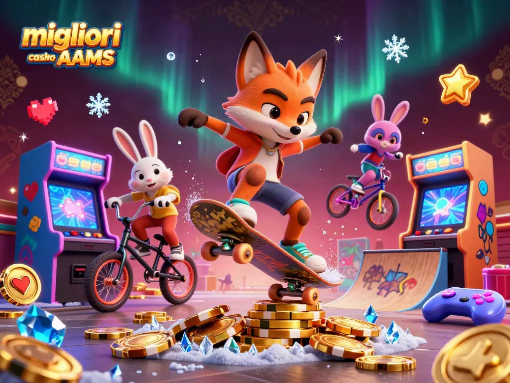 I migliori casino non AAMS: grafica accattivante con volpe e coniglio che giocano e simboli di casinò animati.