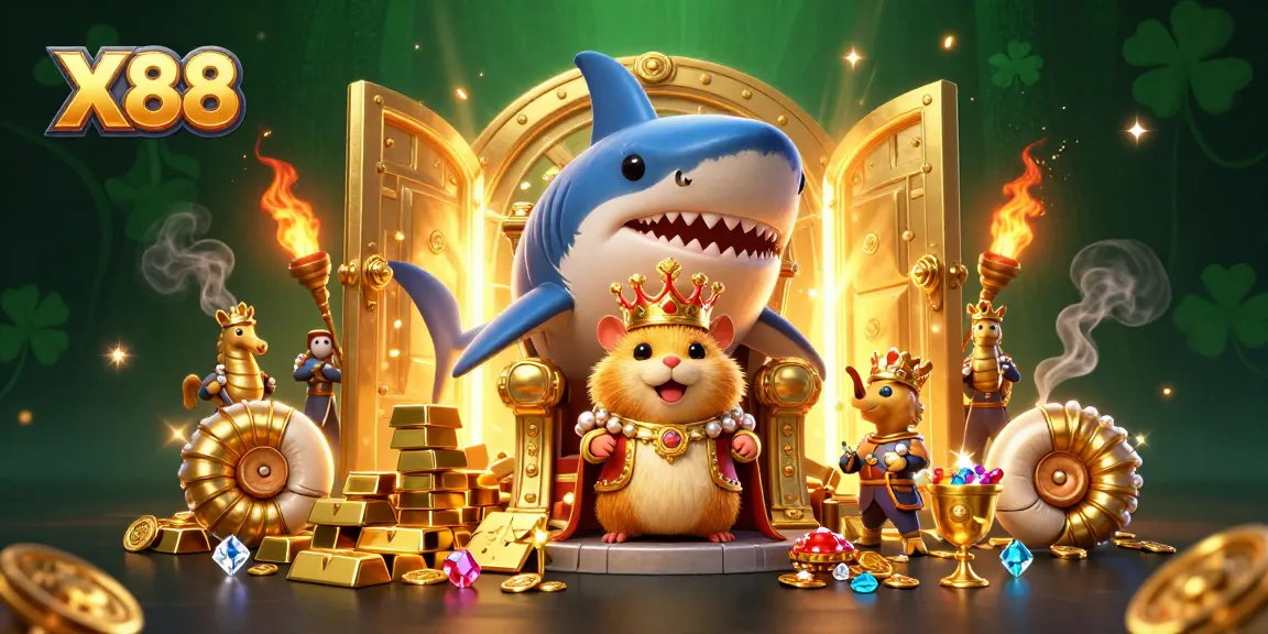 X88 gaming scene with a fierce hamster king and royal treasures, creating rich casino excitement.