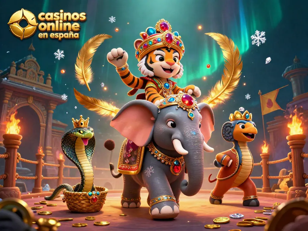 Explora casinos online fiables en España con un maharaja tigre, elefante y cobra en un vibrante ambiente de casino.