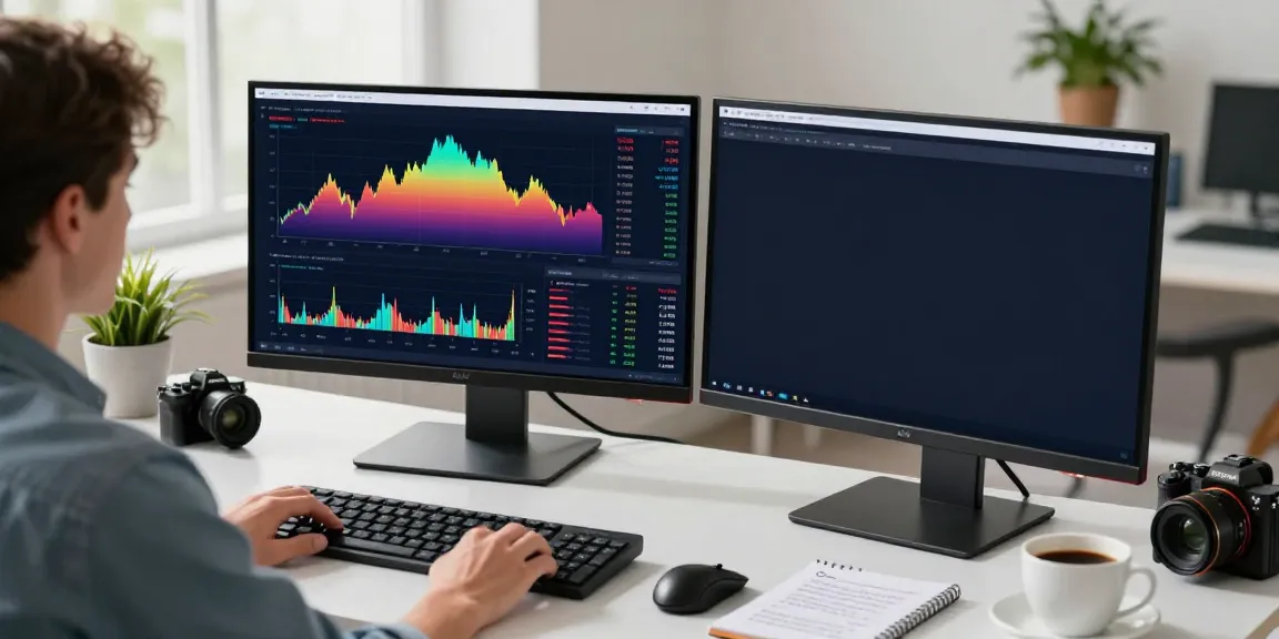TradingView user analyzing market trends on dual monitors in a modern workspace.