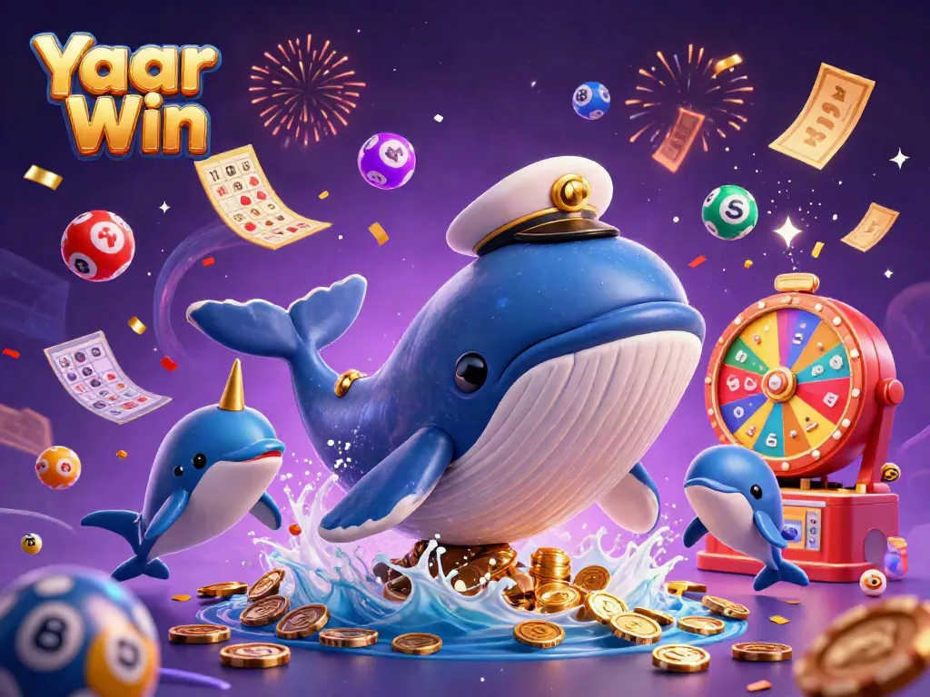 Yaar Win showcasing dynamic gaming action with a whale, narwhal, and dolphins amidst vibrant gambling elements.