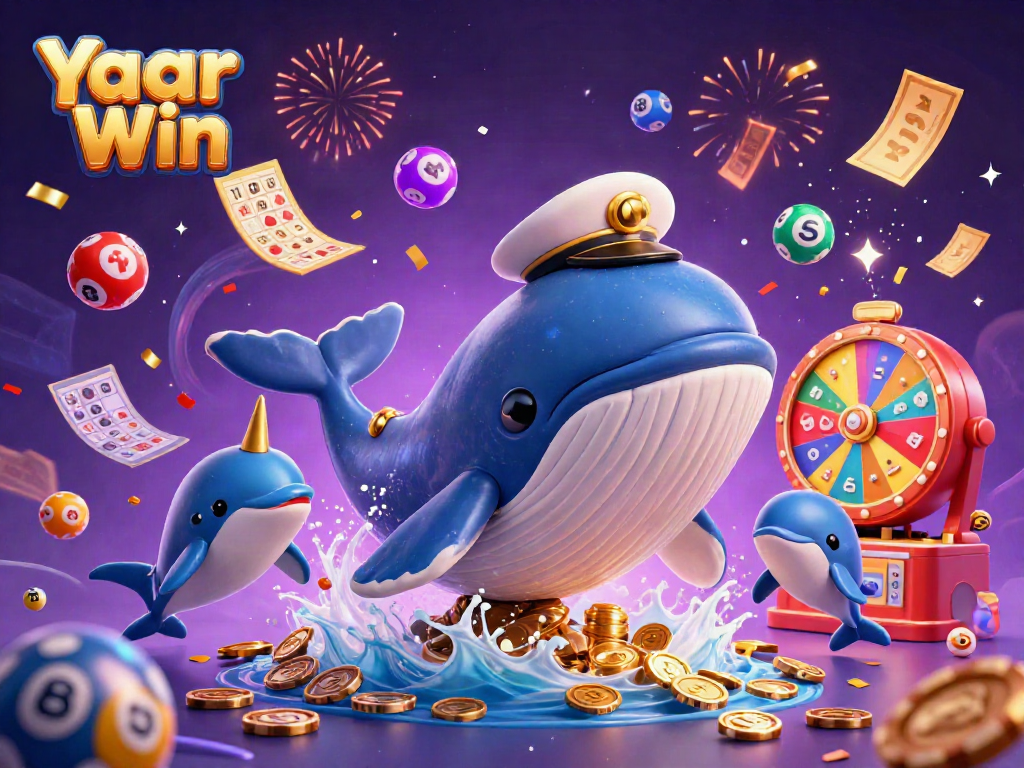 Yaar Win showcasing dynamic gaming action with a whale, narwhal, and dolphins amidst vibrant gambling elements.