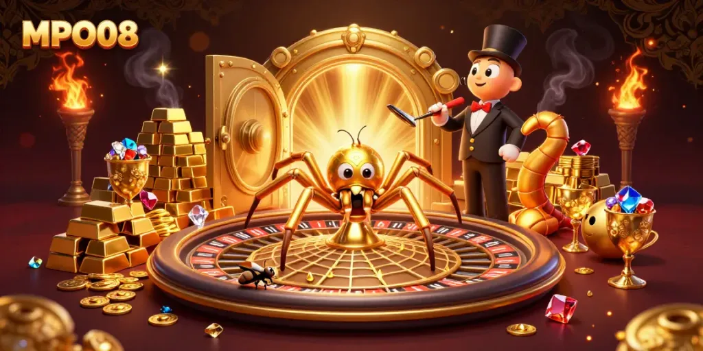 MPO08's vibrant casino theme showcases a golden spider and croupier amidst riches and roulette.