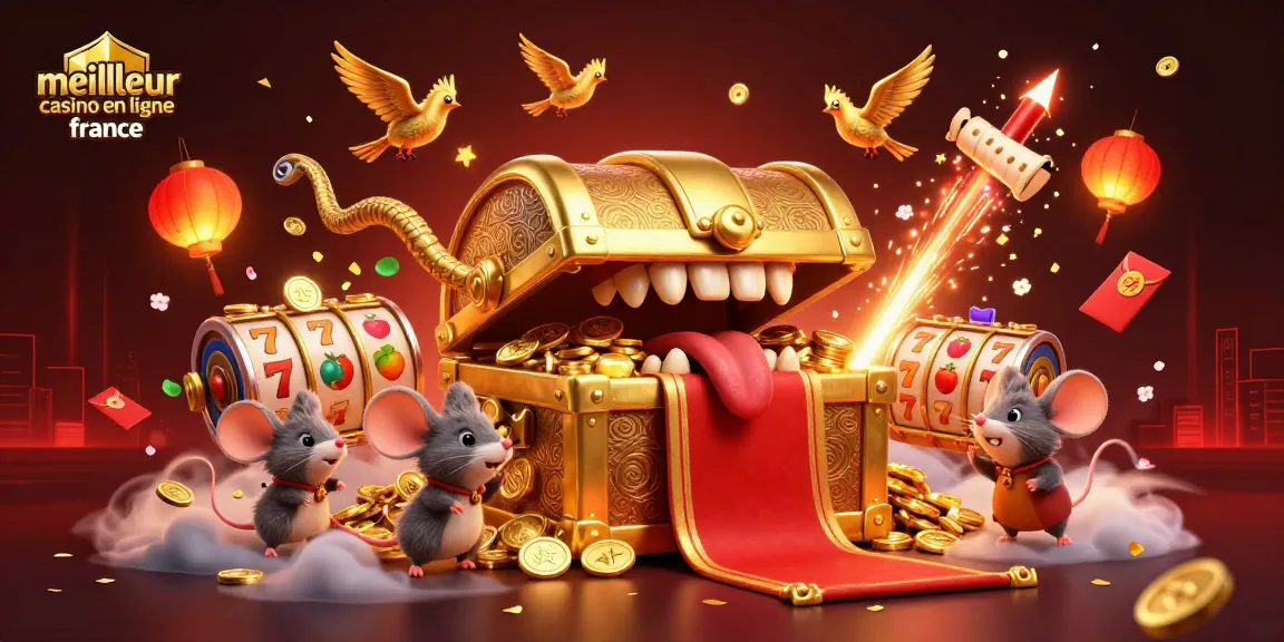 Visualisez le meilleur casino en ligne France avec un coffre au trésor 3D attirant des souris aventureuses.