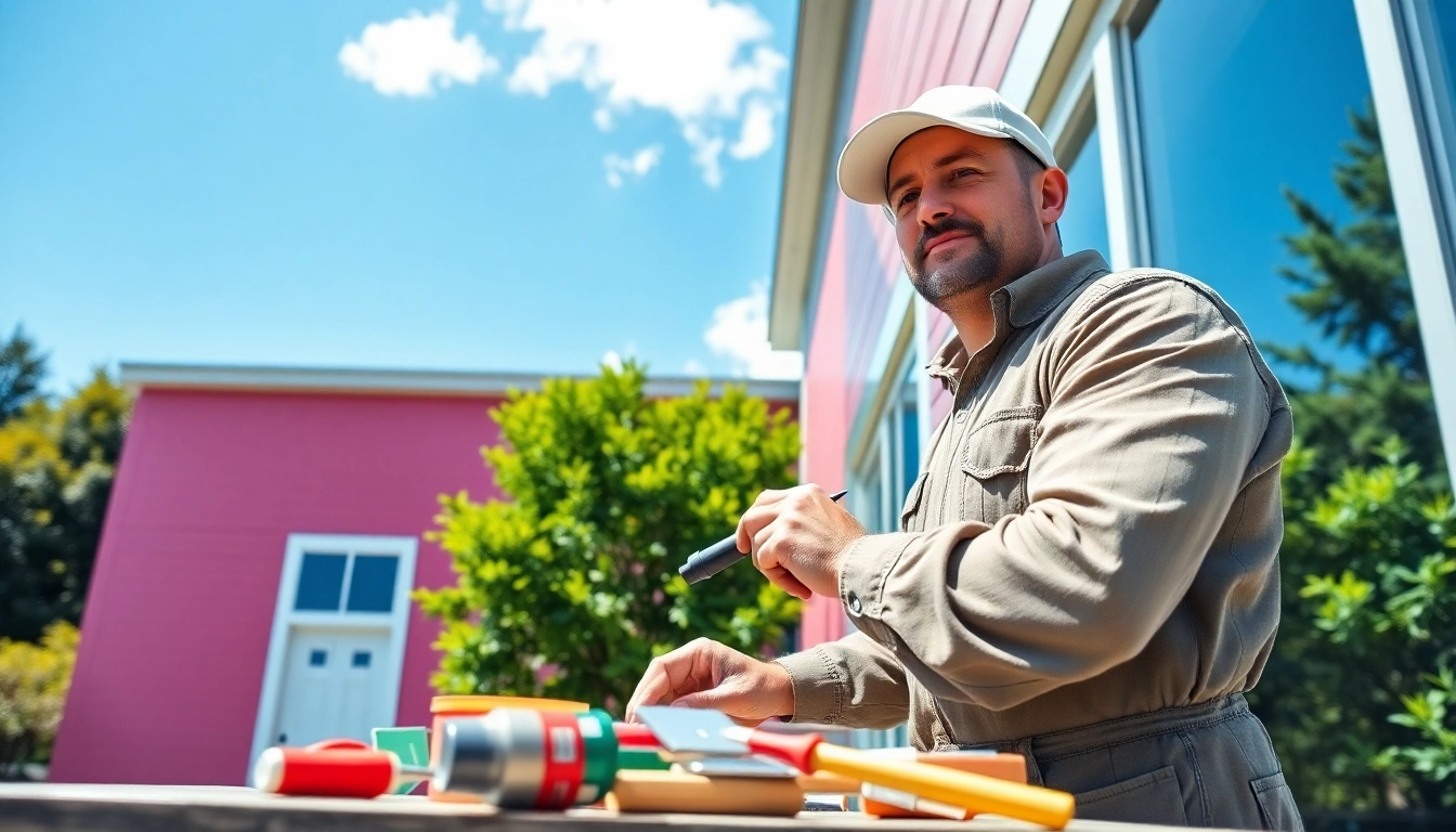 Commercial painter Maine applying vibrant paint to a building with bright surroundings.